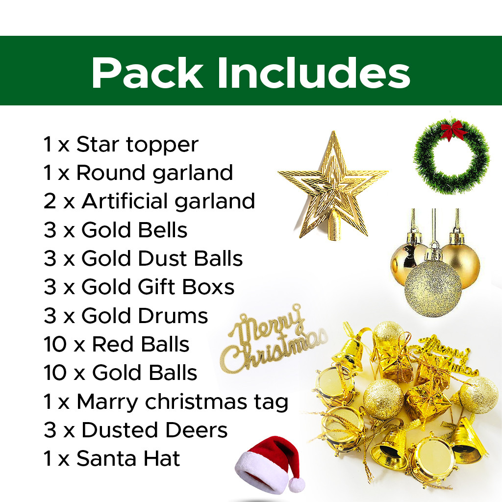 All in one christmas tree decoration pack star topper round garland santa hat deers drums bells gift marry christmas gold and red balls