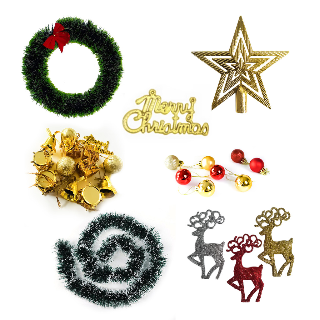 All in one christmas tree decoration pack star topper round garland santa hat deers drums bells gift marry christmas gold and red balls